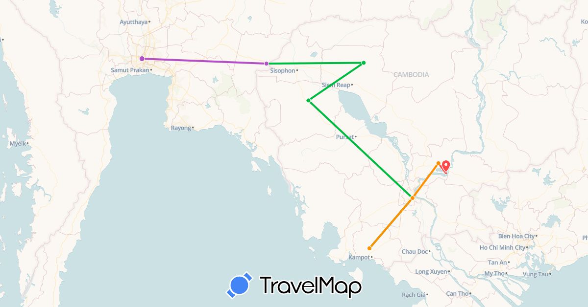 TravelMap itinerary: driving, bus, train, hiking, hitchhiking in Cambodia, Thailand (Asia)